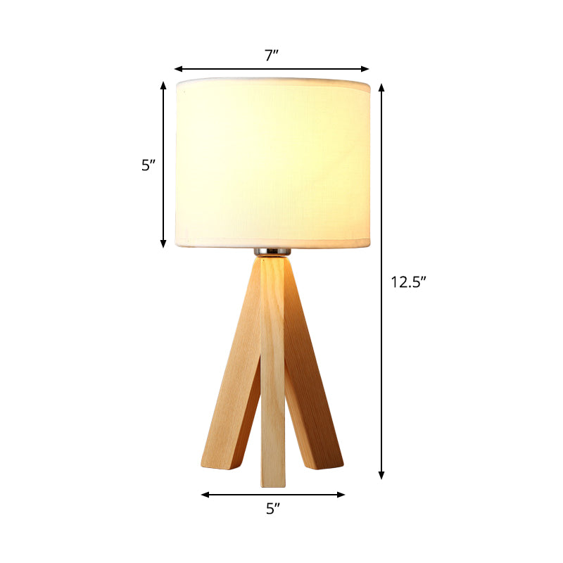 Cylindrical Task Lamp Modernism Fabric 1 Bulb White Reading Light with Wood Tripod Clearhalo 'Lamps' 'Table Lamps' Lighting' 402243