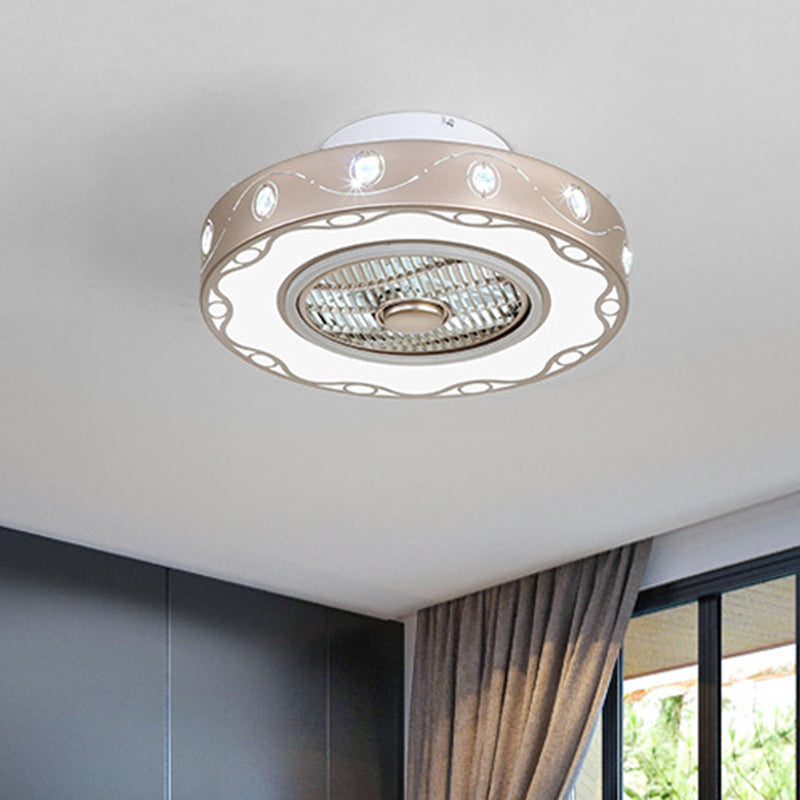 Metallic Drum Semi Flush Light Fixture Modern Bedroom LED Ceiling Pendant Fan Lamp in Light Gold, 19.5"/23.5" Wide Clearhalo 'Ceiling Fans with Lights' 'Ceiling Fans' 'Modern Ceiling Fans' 'Modern' Lighting' 402742