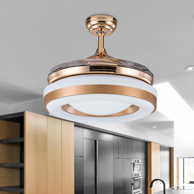 Silver/Gold LED Semi Flush Mount Light Modern Metal Round 4 Blades Hanging Fan Lamp Fixture with Remote Control, 36"/42" Wide Gold Clearhalo 'Ceiling Fans with Lights' 'Ceiling Fans' 'Modern Ceiling Fans' 'Modern' Lighting' 402822