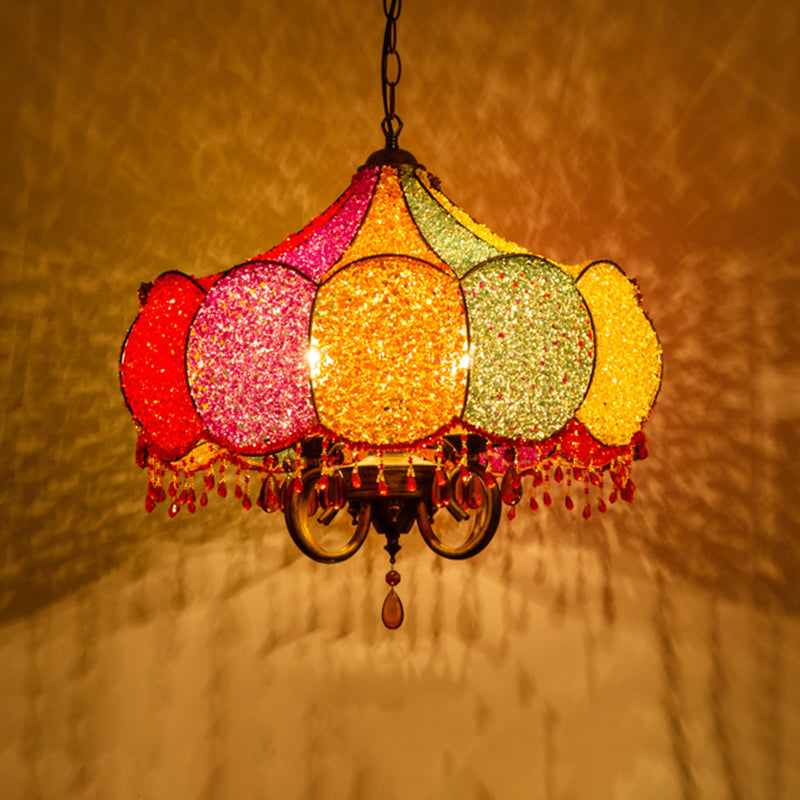 Scalloped Restaurant Chandelier Lighting Bohemian Metal 4 Bulbs Pink/Yellow Pendant Light Fixture Clearhalo 'Ceiling Lights' 'Chandeliers' Lighting' options 403102