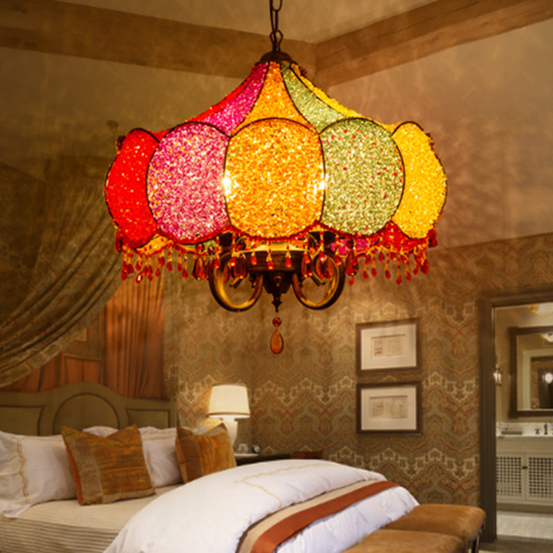Scalloped Restaurant Chandelier Lighting Bohemian Metal 4 Bulbs Pink/Yellow Pendant Light Fixture Clearhalo 'Ceiling Lights' 'Chandeliers' Lighting' options 403104