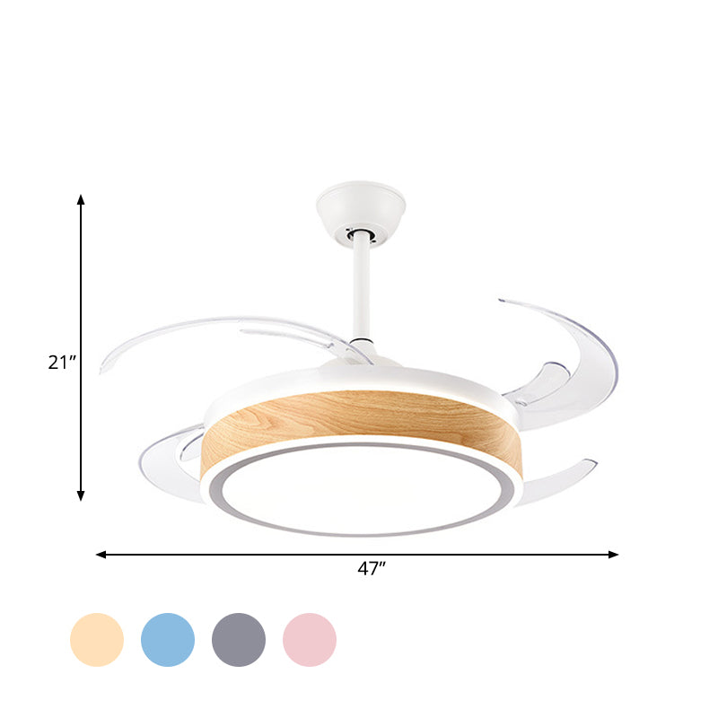 Metal Round Hanging Fan Light Simple Modern 4 Blades LED Semi Flush Mounted Lamp in Grey/Pink/Blue for Dining Room, 47" Wide Clearhalo 'Ceiling Fans with Lights' 'Ceiling Fans' 'Kids Ceiling Fans' 'Kids' Lighting' 403721