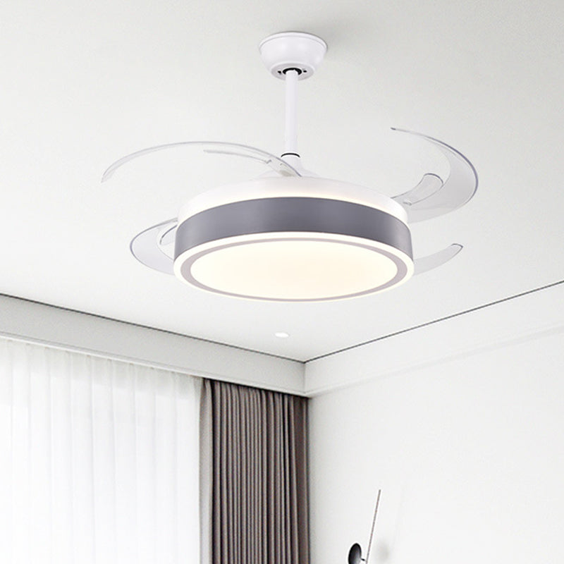 Metal Round Hanging Fan Light Simple Modern 4 Blades LED Semi Flush Mounted Lamp in Grey/Pink/Blue for Dining Room, 47" Wide Clearhalo 'Ceiling Fans with Lights' 'Ceiling Fans' 'Kids Ceiling Fans' 'Kids' Lighting' 403726