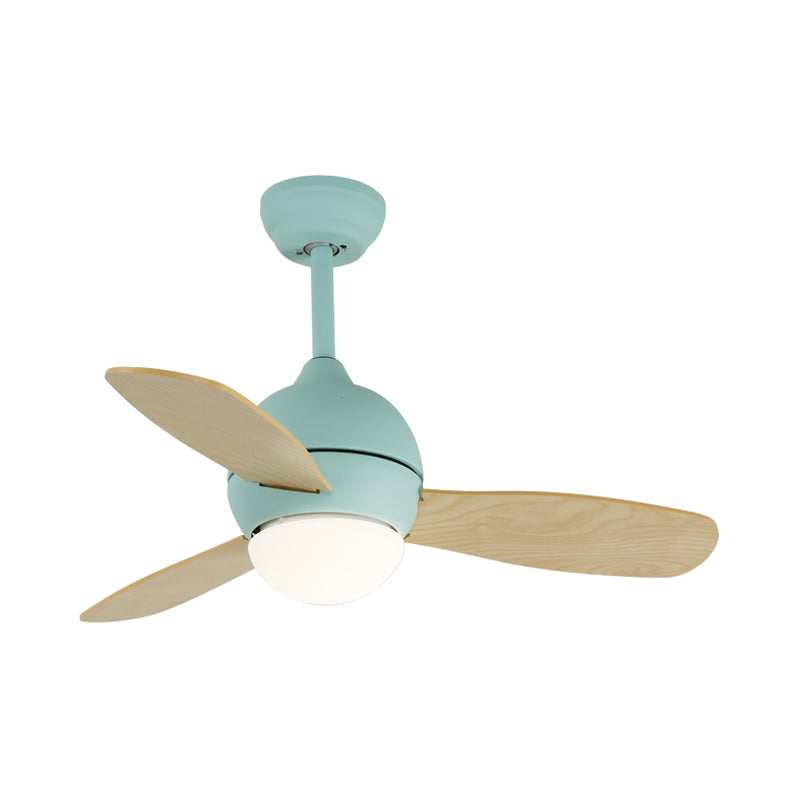 Dome Kids Bedroom Pendant Fan Lamp Metal 36" W LED Modern Semi Flush Ceiling Light in White/Yellow/Blue with Wall/Remote Control, 3 Wood Blades Clearhalo 'Ceiling Fans with Lights' 'Ceiling Fans' 'Kids Ceiling Fans' 'Kids' Lighting' 403858