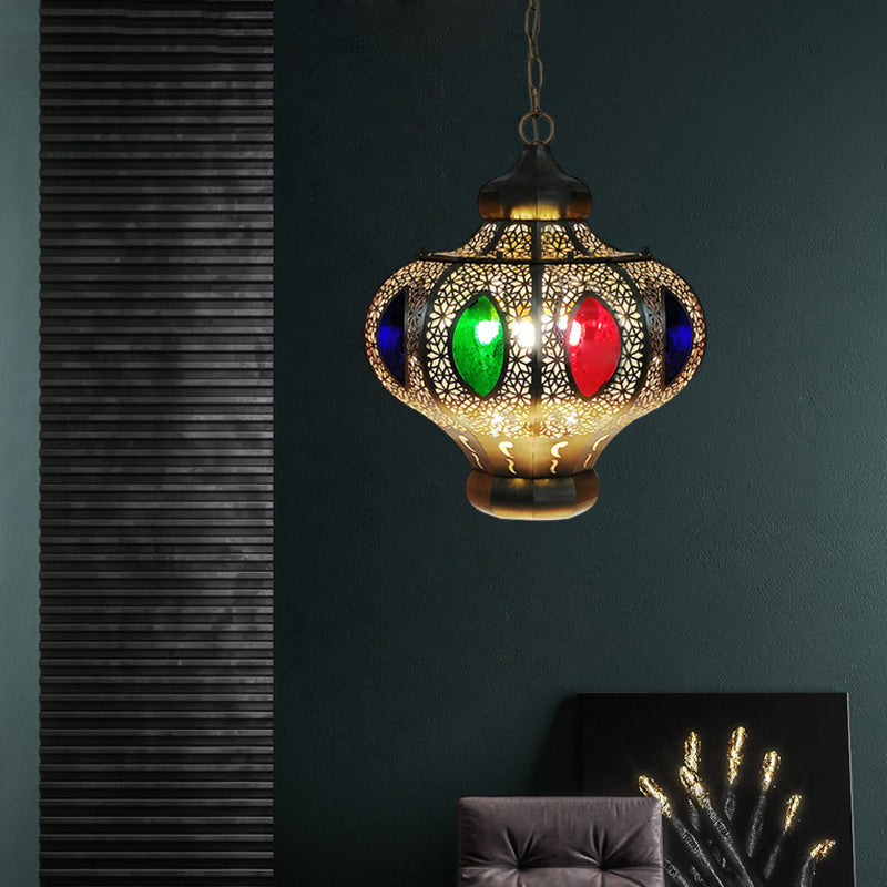 4 Heads Pendant Lighting Mediterranean Restaurant Ceiling Chandelier with Crown White/Red Glass Shade in Brass Clearhalo 'Ceiling Lights' 'Chandeliers' Lighting' options 403958