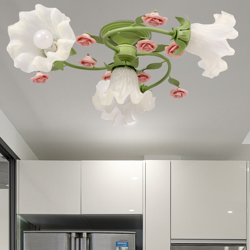 Spiral Bedroom Semi Flush Light Korean Flower Metal 4 Bulbs Green Close to Ceiling Lighting Clearhalo 'Ceiling Lights' 'Close To Ceiling Lights' 'Close to ceiling' 'Semi-flushmount' Lighting' 406967