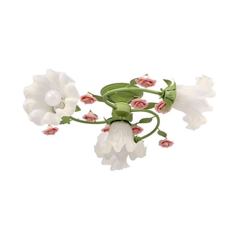 Spiral Bedroom Semi Flush Light Korean Flower Metal 4 Bulbs Green Close to Ceiling Lighting Clearhalo 'Ceiling Lights' 'Close To Ceiling Lights' 'Close to ceiling' 'Semi-flushmount' Lighting' 406968