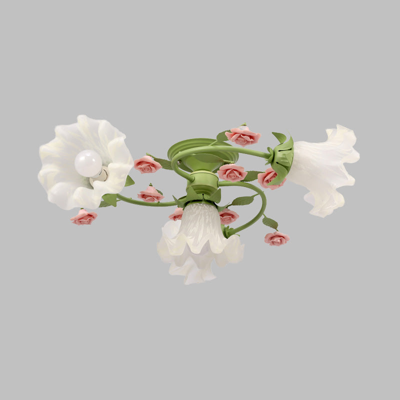 Spiral Bedroom Semi Flush Light Korean Flower Metal 4 Bulbs Green Close to Ceiling Lighting Clearhalo 'Ceiling Lights' 'Close To Ceiling Lights' 'Close to ceiling' 'Semi-flushmount' Lighting' 406969