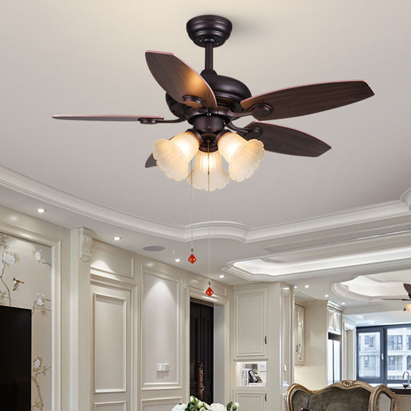 42" W 3 Lights Pendant Fan Light Vintage Floral White Glass Semi Flush Mount Lamp in Dark Coffee with 5 Wood Blades, Pull Chain/Remote Control Clearhalo 'Ceiling Fans with Lights' 'Ceiling Fans' Lighting' 407029