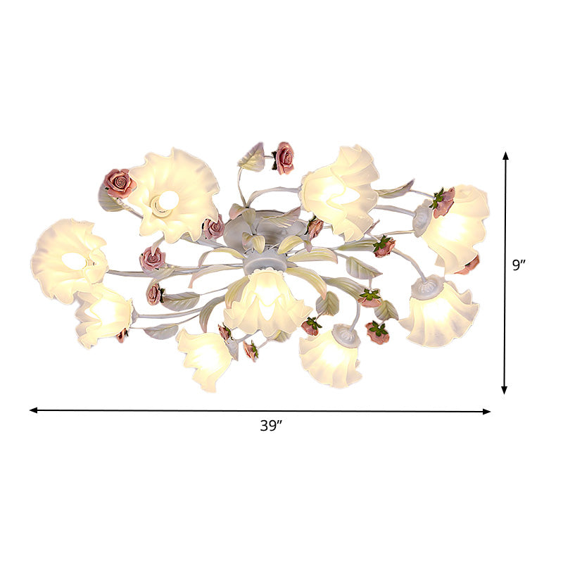 Pastoral Blossom Ceiling Mounted Fixture 4/6/7 Lights Metal Semi Flush Mount Lighting in White for Living Room Clearhalo 'Ceiling Lights' 'Close To Ceiling Lights' 'Close to ceiling' 'Semi-flushmount' Lighting' 407062