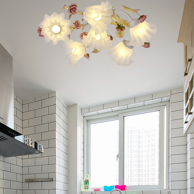 Pastoral Blossom Ceiling Mounted Fixture 4/6/7 Lights Metal Semi Flush Mount Lighting in White for Living Room Clearhalo 'Ceiling Lights' 'Close To Ceiling Lights' 'Close to ceiling' 'Semi-flushmount' Lighting' 407068
