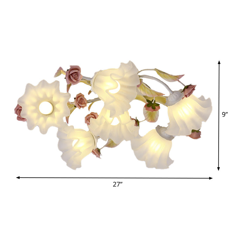Pastoral Blossom Ceiling Mounted Fixture 4/6/7 Lights Metal Semi Flush Mount Lighting in White for Living Room Clearhalo 'Ceiling Lights' 'Close To Ceiling Lights' 'Close to ceiling' 'Semi-flushmount' Lighting' 407070