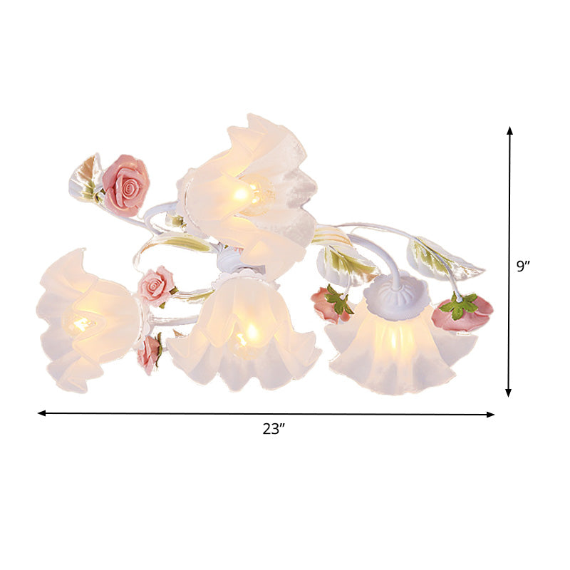 Pastoral Blossom Ceiling Mounted Fixture 4/6/7 Lights Metal Semi Flush Mount Lighting in White for Living Room Clearhalo 'Ceiling Lights' 'Close To Ceiling Lights' 'Close to ceiling' 'Semi-flushmount' Lighting' 407074