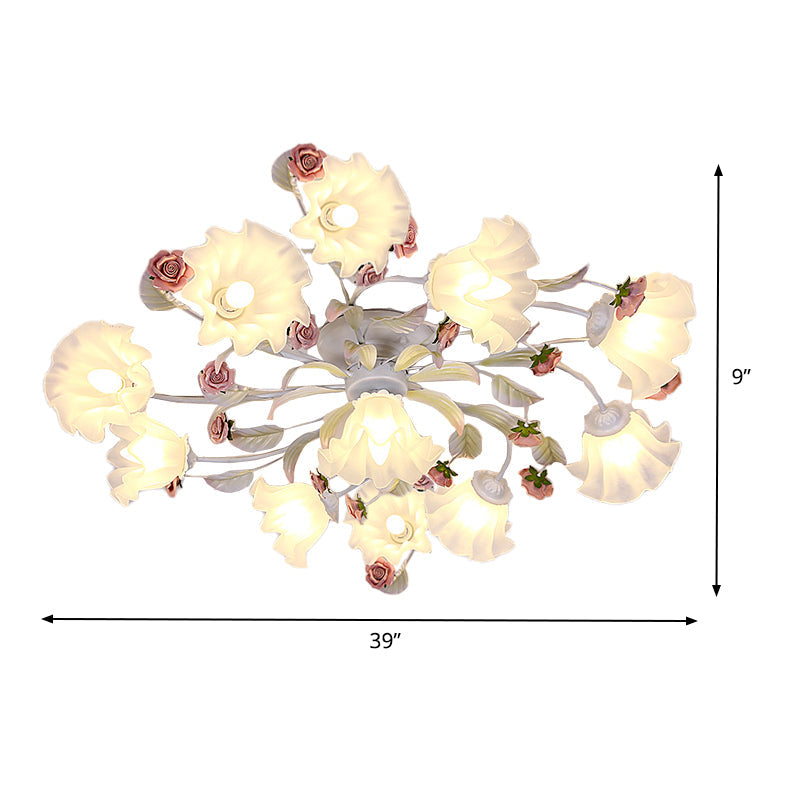 Pastoral Blossom Ceiling Mounted Fixture 4/6/7 Lights Metal Semi Flush Mount Lighting in White for Living Room Clearhalo 'Ceiling Lights' 'Close To Ceiling Lights' 'Close to ceiling' 'Semi-flushmount' Lighting' 407078