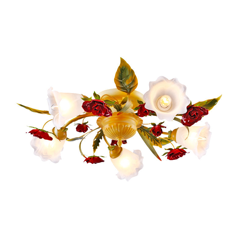 Coffee Spiral Semi Flush Mount Country Metal 3/5/8 Bulbs Living Room Close to Ceiling Lamp with Rose Decoration Clearhalo 'Ceiling Lights' 'Close To Ceiling Lights' 'Close to ceiling' 'Semi-flushmount' Lighting' 407107
