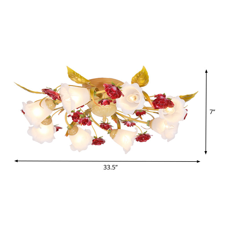 Coffee Spiral Semi Flush Mount Country Metal 3/5/8 Bulbs Living Room Close to Ceiling Lamp with Rose Decoration Clearhalo 'Ceiling Lights' 'Close To Ceiling Lights' 'Close to ceiling' 'Semi-flushmount' Lighting' 407114