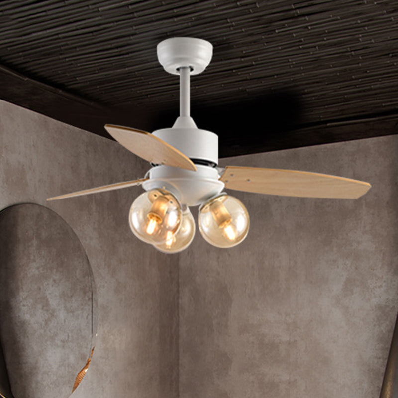 3 Heads Ball Semi Flush Lighting Industrial White/Black Clear Glass 3 Blades Hanging Fan Lamp for Restaurant, 42" W White Clearhalo 'Ceiling Fans with Lights' 'Ceiling Fans' 'Industrial Ceiling Fans' 'Industrial' Lighting' 407120