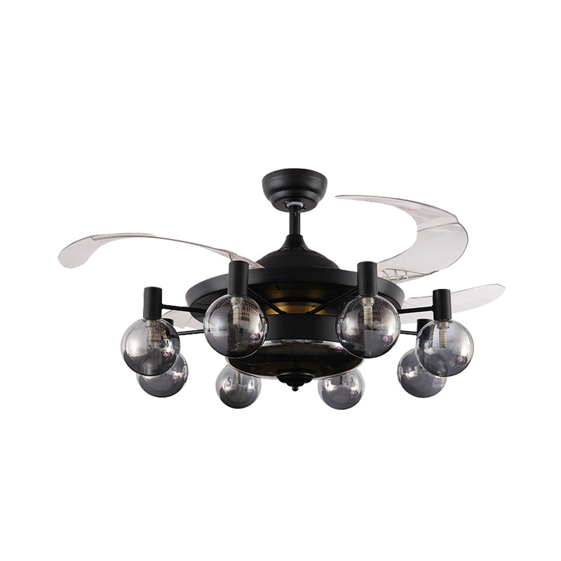 Metal Black Ceiling Fan Light Sputnik 48" Wide 8-Head Industrial 4 Clear Blades Semi Flush Lamp with Orb Grey Glass Shade, Wall/Remote Control Clearhalo 'Ceiling Fans with Lights' 'Ceiling Fans' 'Industrial Ceiling Fans' 'Industrial' Lighting' 407161