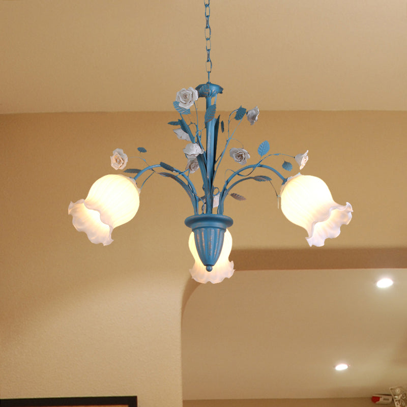 Pastoral Blossom Chandelier Lighting Fixture 3/5/6 Heads White Glass Pendant Ceiling Light in Blue Clearhalo 'Ceiling Lights' 'Chandeliers' Lighting' options 407194