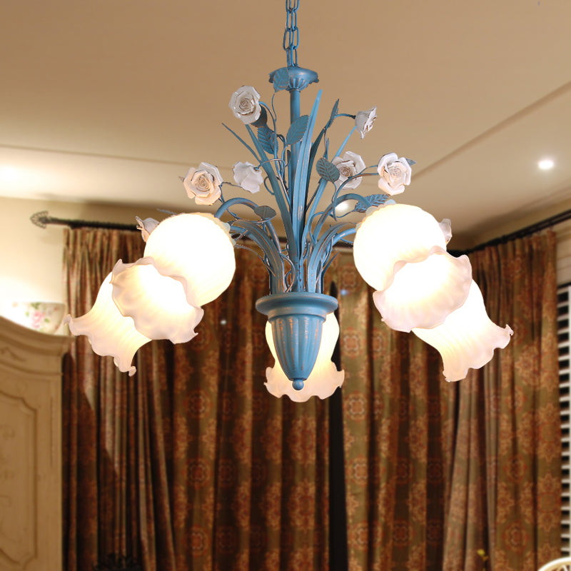 Pastoral Blossom Chandelier Lighting Fixture 3/5/6 Heads White Glass Pendant Ceiling Light in Blue Clearhalo 'Ceiling Lights' 'Chandeliers' Lighting' options 407199