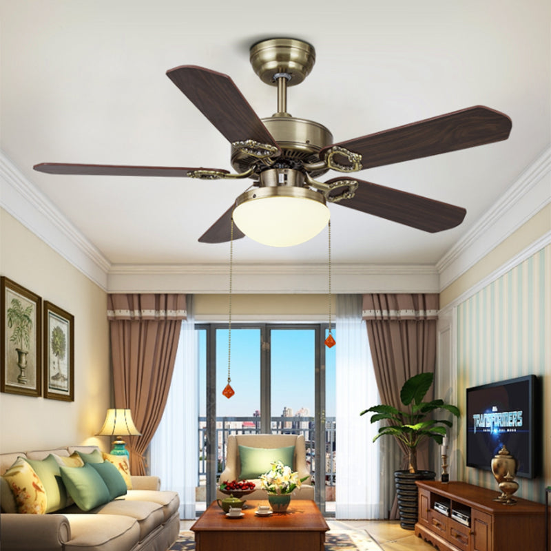 Antiqued Dome Pendant Fan Light Fixture Cream Glass LED Semi Flush Lamp in Brass with 5 Wood Vanes, 42"/48"/52" Wide Brass Clearhalo 'Ceiling Fans with Lights' 'Ceiling Fans' Lighting' 407211