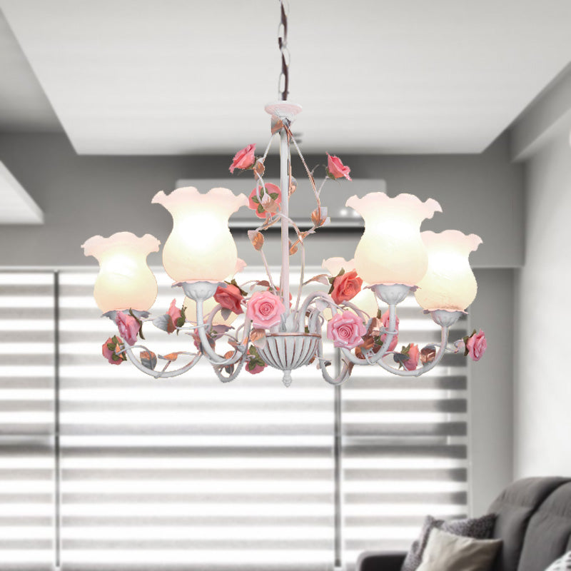Metal White Chandelier Light Fixture Curvy Arm 3/5/6 Bulbs Pastoral Rose Down Lighting for Bedroom Clearhalo 'Ceiling Lights' 'Chandeliers' Lighting' options 407261