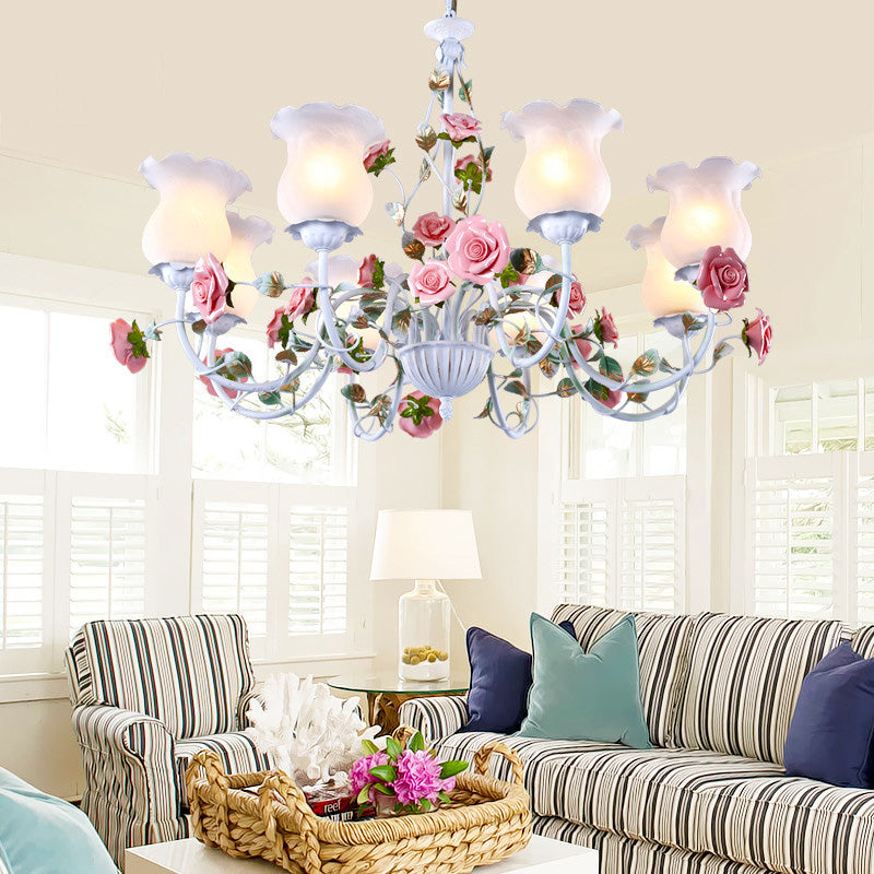 Metal White Chandelier Light Fixture Curvy Arm 3/5/6 Bulbs Pastoral Rose Down Lighting for Bedroom Clearhalo 'Ceiling Lights' 'Chandeliers' Lighting' options 407265