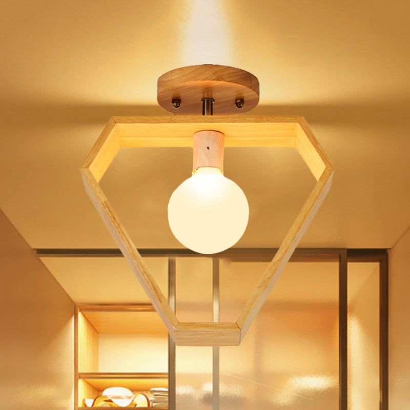 Triangle/Square/Pentagon Semi Flush Mount Light with White Glass Modern 1 Head Ceiling Mounted Fixture in Wood Wood Triangle Clearhalo 'Ceiling Lights' 'Close To Ceiling Lights' 'Close to ceiling' 'Flush mount' Lighting' 410063