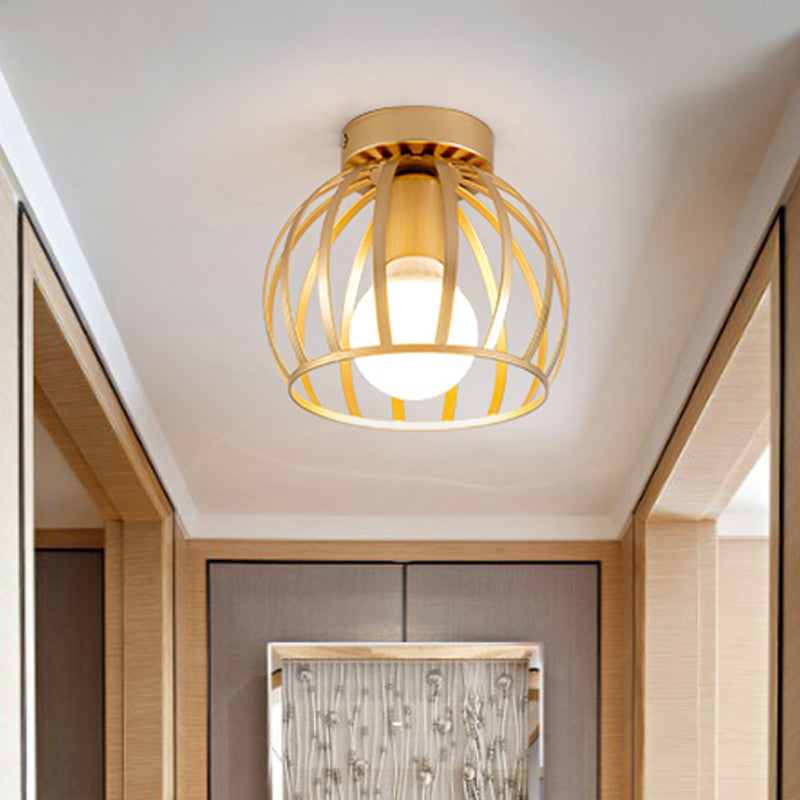 Black/Gold Metal Cage Ceiling Mounted Light Minimalism 1 Light Flushmount Lighting for Corridor Clearhalo 'Ceiling Lights' 'Close To Ceiling Lights' 'Close to ceiling' 'Flush mount' Lighting' 410546