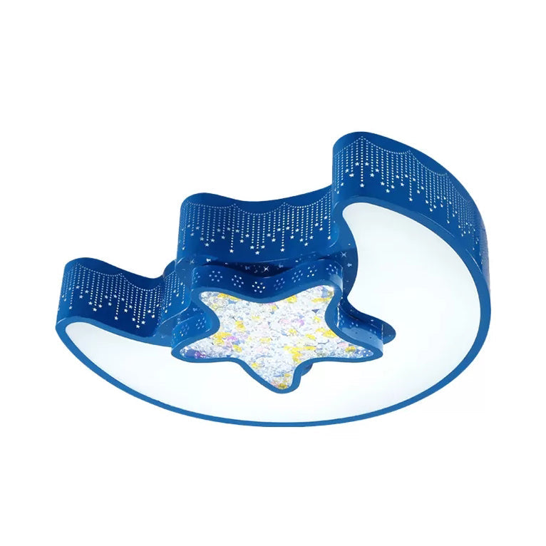 18"/21.5" Star and Moon Flush Mount Lamp Macaron Metal LED Ceiling Lamp in White/Pink/Blue/Green for Kindergarten, Third Gear/White Light Blue Clearhalo 'Ceiling Lights' 'Close To Ceiling Lights' 'Close to ceiling' 'Flush mount' Lighting' 41073