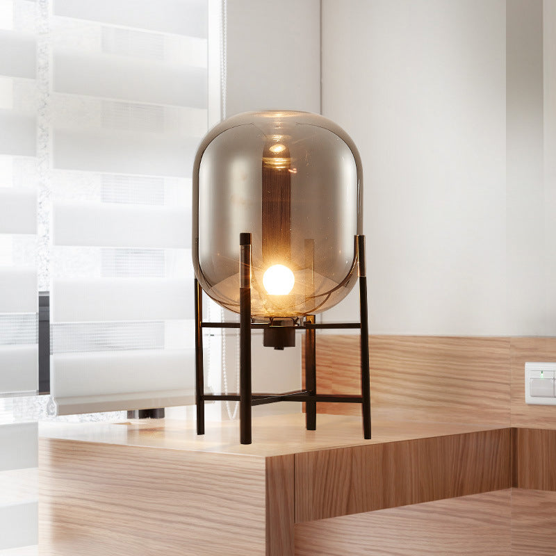 Oval Night Lighting Modern Smoke Gray/Cognac Glass Shade 1-Light Restaurant Nightstand Lamp with Vertical Metal Base Clearhalo 'Lamps' 'Table Lamps' Lighting' 411573