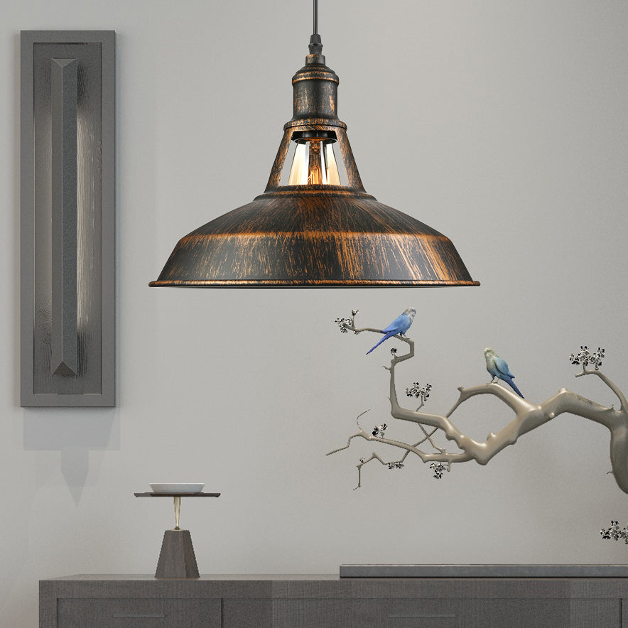 Aged Silver/Rust Barn Pendant Lighting Antique Style Wrought Iron 1 Light Dining Room Ceiling Light, 10.5"/12"/15" Diameter Rust Clearhalo 'Art Deco Pendants' 'Cast Iron' 'Ceiling Lights' 'Ceramic' 'Crystal' 'Industrial Pendants' 'Industrial' 'Metal' 'Middle Century Pendants' 'Pendant Lights' 'Pendants' 'Tiffany' Lighting' 4159