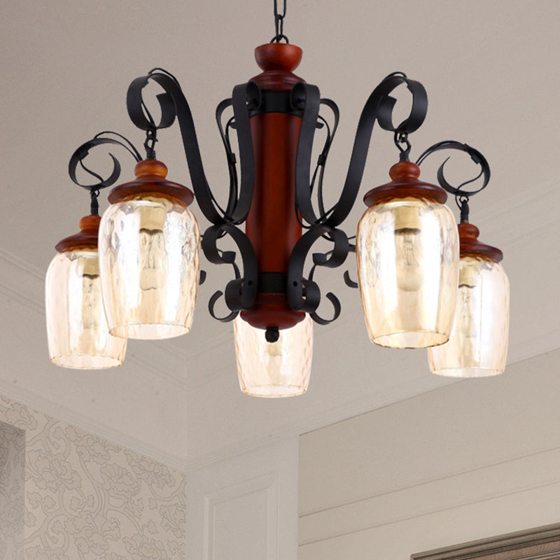 5 Lights Cylinder Ceiling Pendant Light with 27.5" Metal Chain Country Suspension Light in Black Black Clearhalo 'Ceiling Lights' 'Chandeliers' 'Glass shade' 'Glass' 'Industrial Chandeliers' 'Industrial' 'Middle Century Chandeliers' 'Tiffany' Lighting' 415922