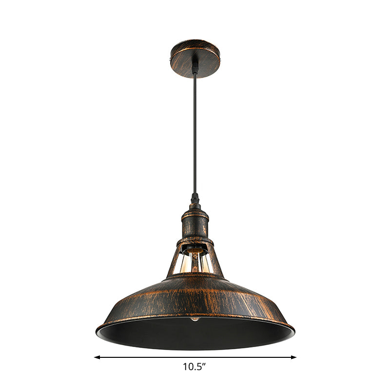 Aged Silver/Rust Barn Pendant Lighting Antique Style Wrought Iron 1 Light Dining Room Ceiling Light, 10.5"/12"/15" Diameter Clearhalo 'Art Deco Pendants' 'Cast Iron' 'Ceiling Lights' 'Ceramic' 'Crystal' 'Industrial Pendants' 'Industrial' 'Metal' 'Middle Century Pendants' 'Pendant Lights' 'Pendants' 'Tiffany' Lighting' 4164