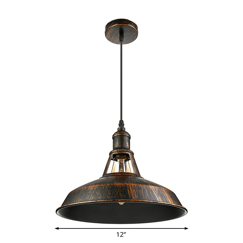 Aged Silver/Rust Barn Pendant Lighting Antique Style Wrought Iron 1 Light Dining Room Ceiling Light, 10.5"/12"/15" Diameter Clearhalo 'Art Deco Pendants' 'Cast Iron' 'Ceiling Lights' 'Ceramic' 'Crystal' 'Industrial Pendants' 'Industrial' 'Metal' 'Middle Century Pendants' 'Pendant Lights' 'Pendants' 'Tiffany' Lighting' 4165
