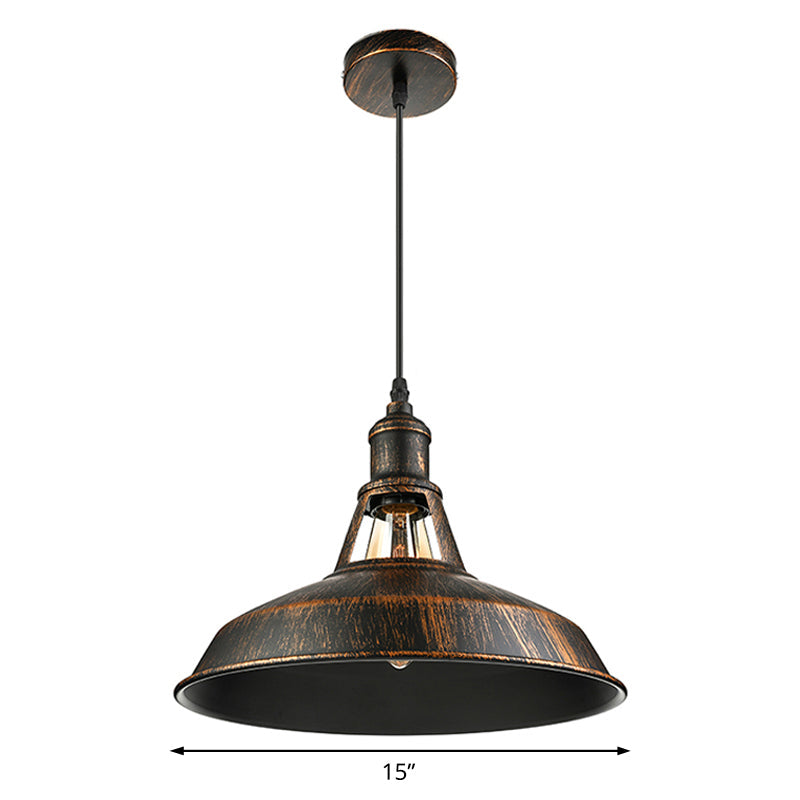 Aged Silver/Rust Barn Pendant Lighting Antique Style Wrought Iron 1 Light Dining Room Ceiling Light, 10.5"/12"/15" Diameter Clearhalo 'Art Deco Pendants' 'Cast Iron' 'Ceiling Lights' 'Ceramic' 'Crystal' 'Industrial Pendants' 'Industrial' 'Metal' 'Middle Century Pendants' 'Pendant Lights' 'Pendants' 'Tiffany' Lighting' 4166