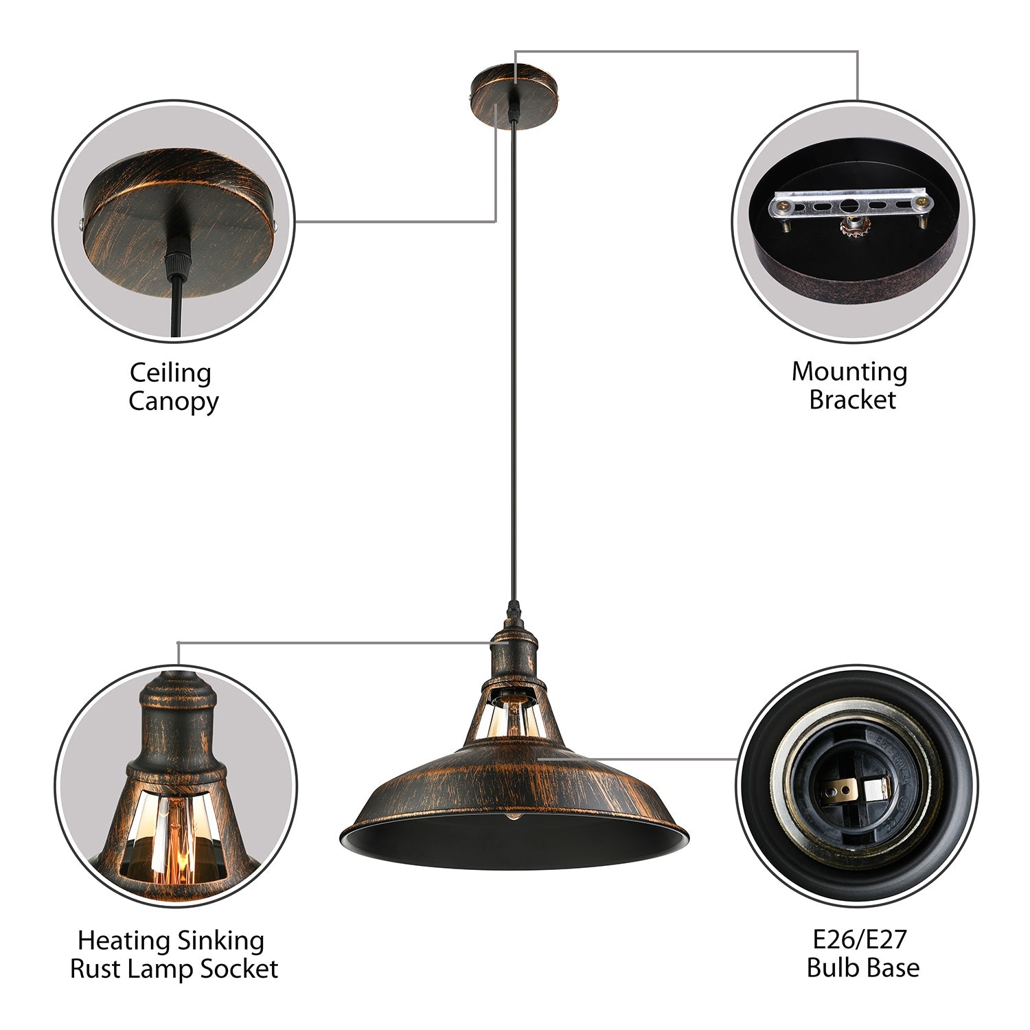 Aged Silver/Rust Barn Pendant Lighting Antique Style Wrought Iron 1 Light Dining Room Ceiling Light, 10.5"/12"/15" Diameter Clearhalo 'Art Deco Pendants' 'Cast Iron' 'Ceiling Lights' 'Ceramic' 'Crystal' 'Industrial Pendants' 'Industrial' 'Metal' 'Middle Century Pendants' 'Pendant Lights' 'Pendants' 'Tiffany' Lighting' 4167