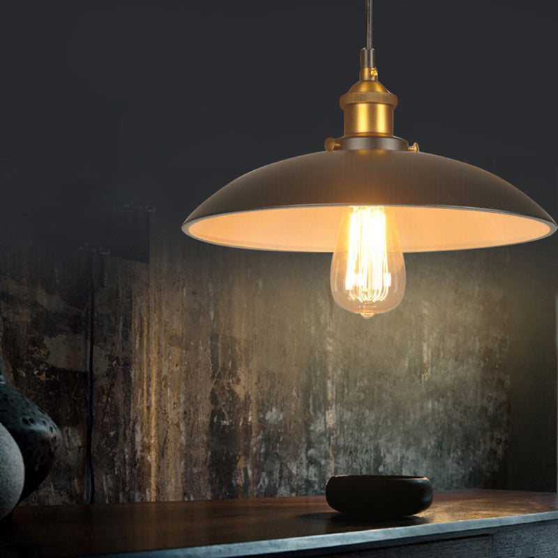 Bowl Shade Restaurant Ceiling Pendant Vintage Style Iron 1 Light Black Pendant Lighting, 12"/16" W Black Clearhalo 'Art Deco Pendants' 'Black' 'Cast Iron' 'Ceiling Lights' 'Ceramic' 'Crystal' 'Industrial Pendants' 'Industrial' 'Metal' 'Middle Century Pendants' 'Pendant Lights' 'Pendants' 'Rustic Pendants' 'Tiffany' Lighting' 42096