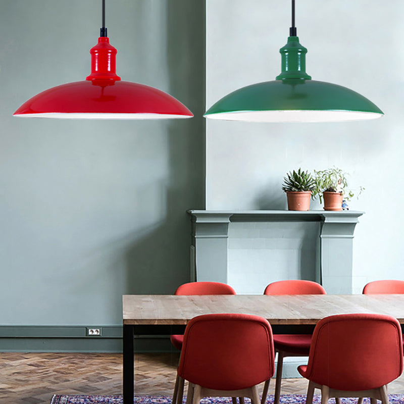 Green/Red Bowl Hanging Lamp Industrial Metal 1 Light Living Room Ceiling Pendant Light, 12.5"/16" Width Clearhalo 'Art Deco Pendants' 'Cast Iron' 'Ceiling Lights' 'Ceramic' 'Crystal' 'Industrial Pendants' 'Industrial' 'Metal' 'Middle Century Pendants' 'Pendant Lights' 'Pendants' 'Tiffany' Lighting' 42217