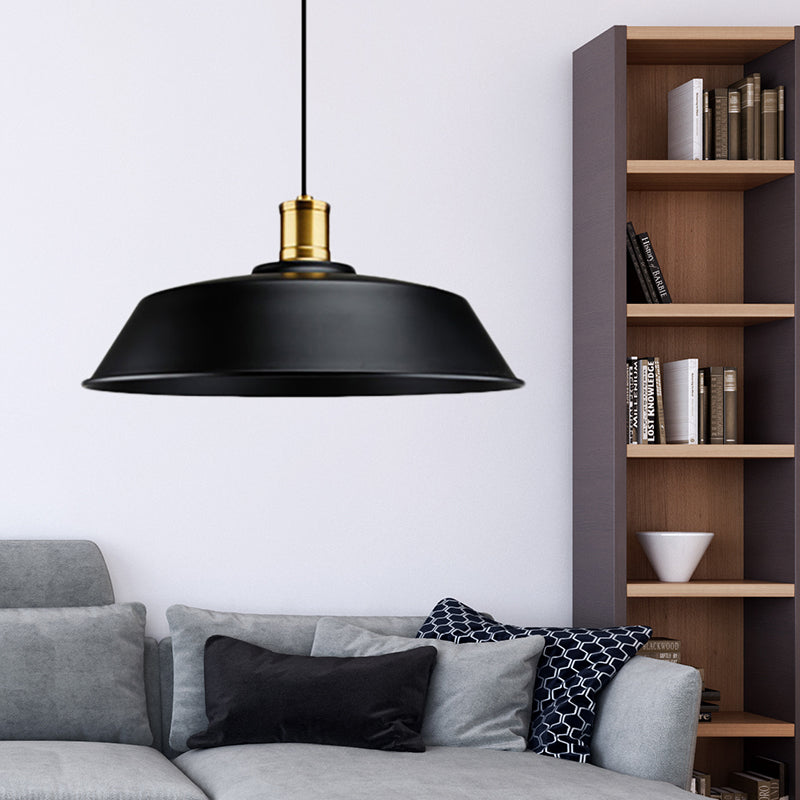 Barn Living Room Pendant Light Retro Metallic 1 Light Black Finish Ceiling Hanging Lamp, 10"/14"/18" Width Black Clearhalo 'Art Deco Pendants' 'Black' 'Cast Iron' 'Ceiling Lights' 'Ceramic' 'Crystal' 'Industrial Pendants' 'Industrial' 'Metal' 'Middle Century Pendants' 'Pendant Lights' 'Pendants' 'Rustic Pendants' 'Tiffany' Lighting' 42532