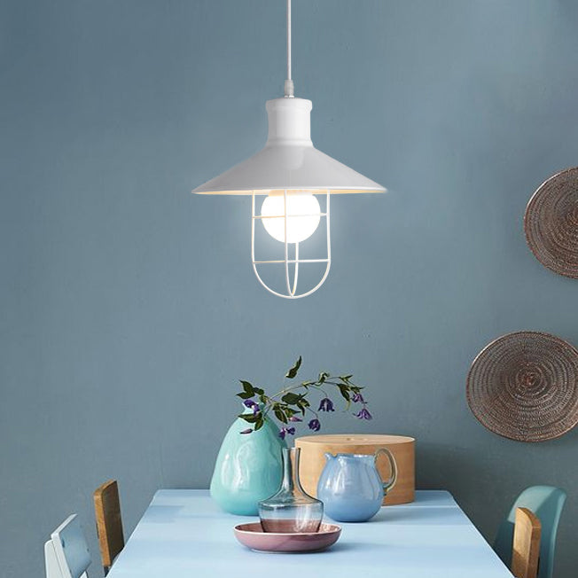 Nautical Style Cone Ceiling Light with Wire Guard 1 Light Metallic Hanging Pendant Light in Rust/White Clearhalo 'Art Deco Pendants' 'Cast Iron' 'Ceiling Lights' 'Ceramic' 'Crystal' 'Industrial Pendants' 'Industrial' 'Metal' 'Middle Century Pendants' 'Modern Pendants' 'Modern' 'Pendant Lights' 'Pendants' 'Tiffany' Lighting' 43210