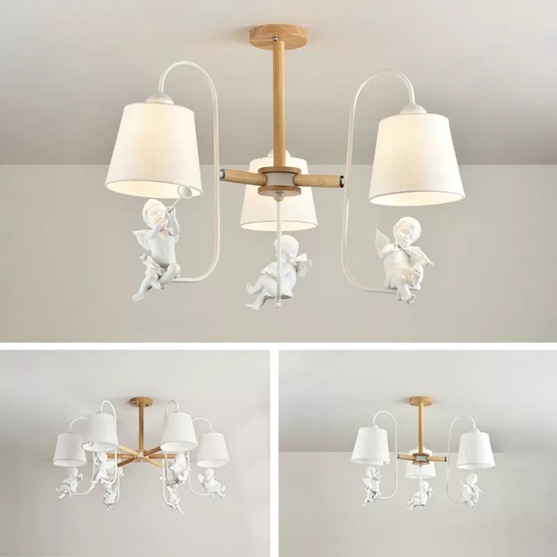 Modern Stylish Chandelier Light Tapered Shade Fabric & Wood Hanging Light for Child Bedroom Clearhalo 'Ceiling Lights' 'Chandeliers' Lighting' options 43487