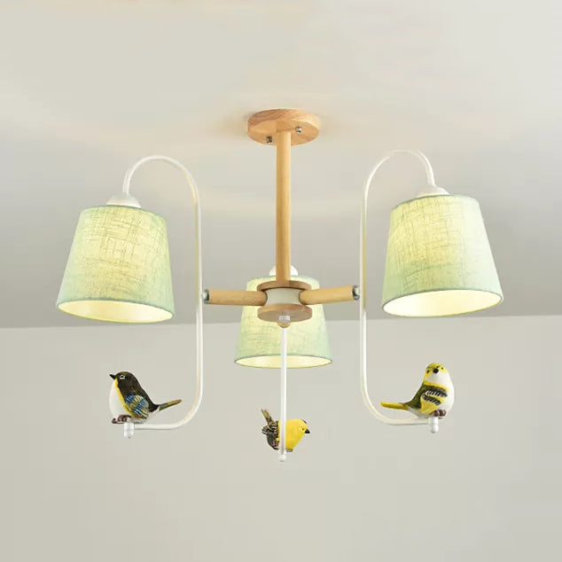 Modern Stylish Chandelier Light Tapered Shade Fabric & Wood Hanging Light for Child Bedroom 3 Green C Clearhalo 'Ceiling Lights' 'Chandeliers' Lighting' options 43490_ccc024fc-af4e-47af-85f1-af9127756646