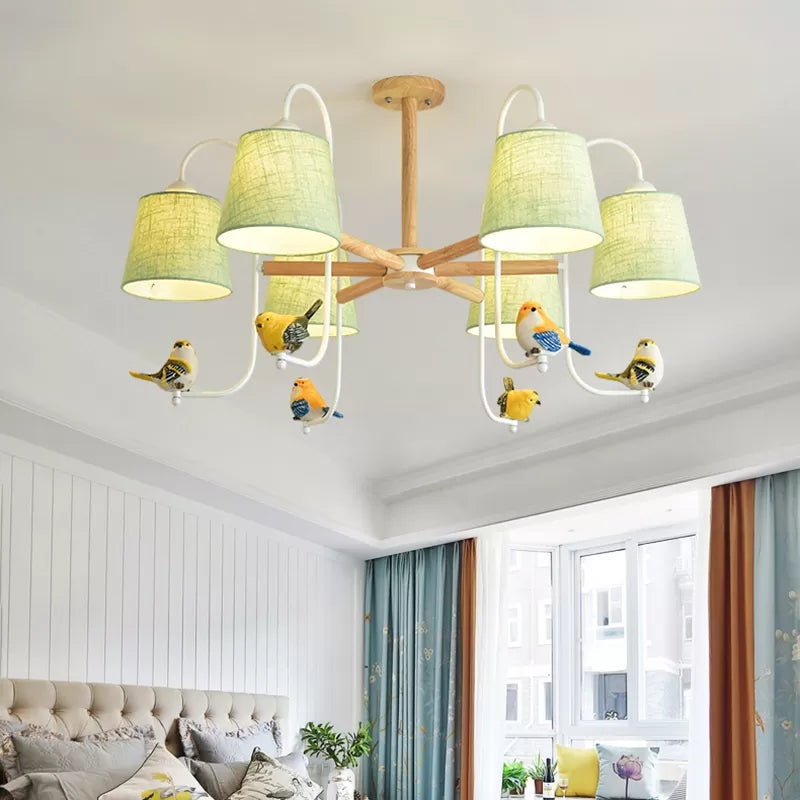 Modern Stylish Chandelier Light Tapered Shade Fabric & Wood Hanging Light for Child Bedroom Clearhalo 'Ceiling Lights' 'Chandeliers' Lighting' options 43496
