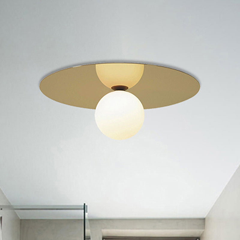 9.5" W Brass Finish Round Flushmount Ceiling Lamp Contemporary 1 Bulb Ceiling Flush Mount Light with Milk Glass Shade Clearhalo 'Ceiling Lights' 'Close To Ceiling Lights' 'Close to ceiling' 'Flush mount' Lighting' 438264