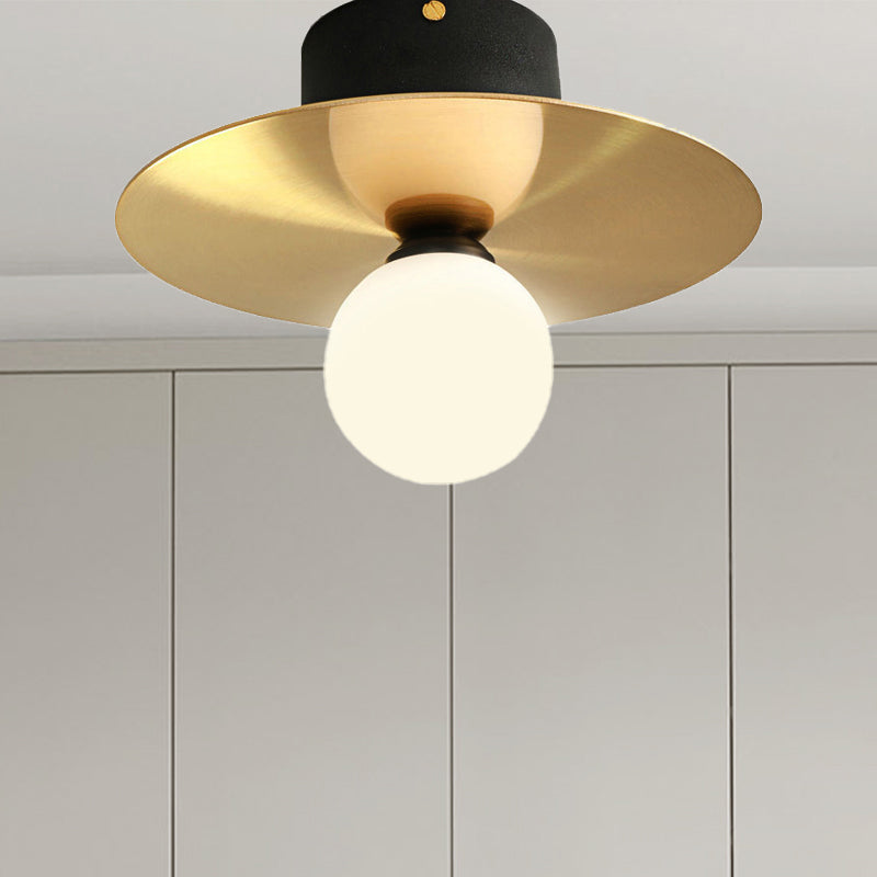 Milk Glass Globe Light Fixture Ceiling with Golden Disk Contemporary 1 Bulb Ceiling Light for Living Room Clearhalo 'Ceiling Lights' 'Close To Ceiling Lights' 'Close to ceiling' 'Flush mount' Lighting' 438273