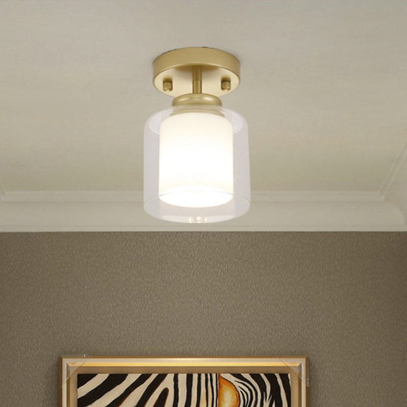 Black/Silver/Gold Finish Cylinder Semi Flush Ceiling Light with Glass Shade Contemporary 1 Bulb Semi Flush Light Fixture Clearhalo 'Ceiling Lights' 'Close To Ceiling Lights' 'Close to ceiling' 'Glass shade' 'Glass' Lighting' 438297