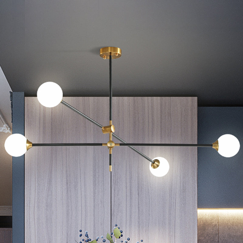 Modernist Exposed Ceiling Lamp Metallic 2/3 Lights Living Room Black Pendant Lighting with Opal Glass Ball Shade Clearhalo 'Ceiling Lights' 'Chandeliers' 'Modern Chandeliers' 'Modern' Lighting' 438429