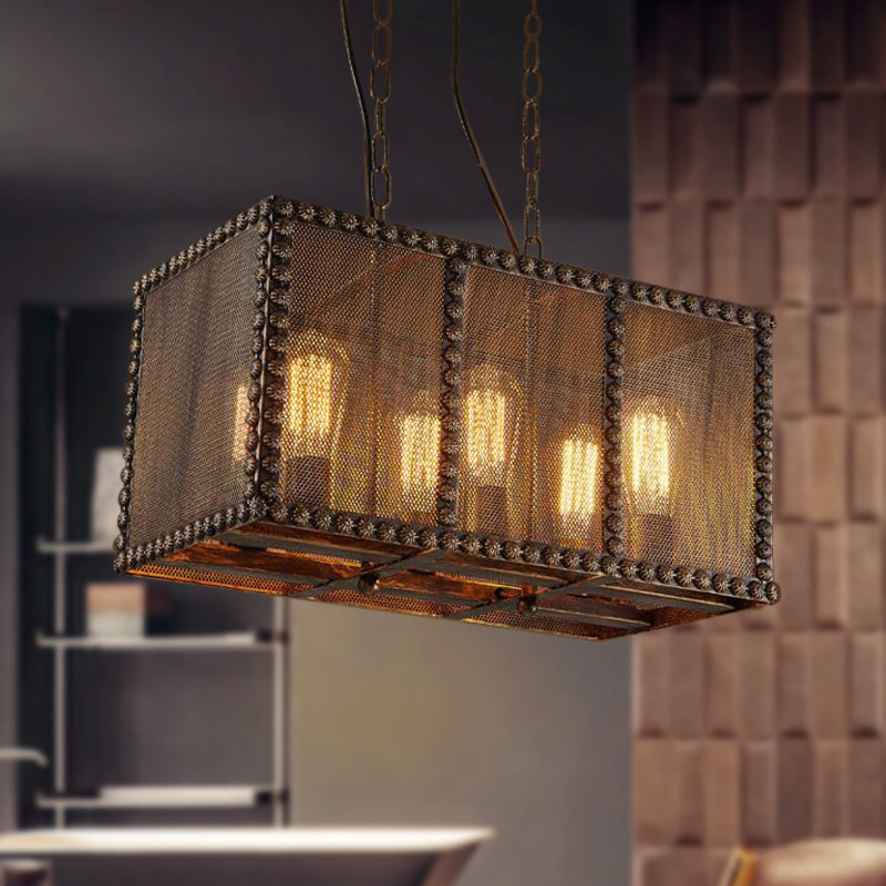 Rectangle Cage Metal Chandelier Lighting with Mesh Screen and Rivets Antique Style 6-Light Indoor Ceiling Light Fixture in Rust Clearhalo 'Cast Iron' 'Ceiling Lights' 'Chandeliers' 'Industrial Chandeliers' 'Industrial' 'Metal' 'Middle Century Chandeliers' 'Rustic Chandeliers' 'Tiffany' Lighting' 438473