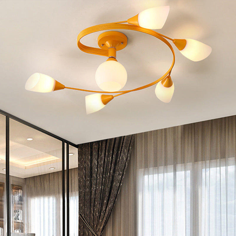Curly Semi Flush Mount Light Nordic Iron 4/6-Head Grey/Pink/Yellow Ceiling Lamp with White Glass Shade Clearhalo 'Ceiling Lights' 'Chandeliers' 'Close To Ceiling Lights' 'Close to ceiling' 'Glass shade' 'Glass' 'Semi-flushmount' Lighting' 438521